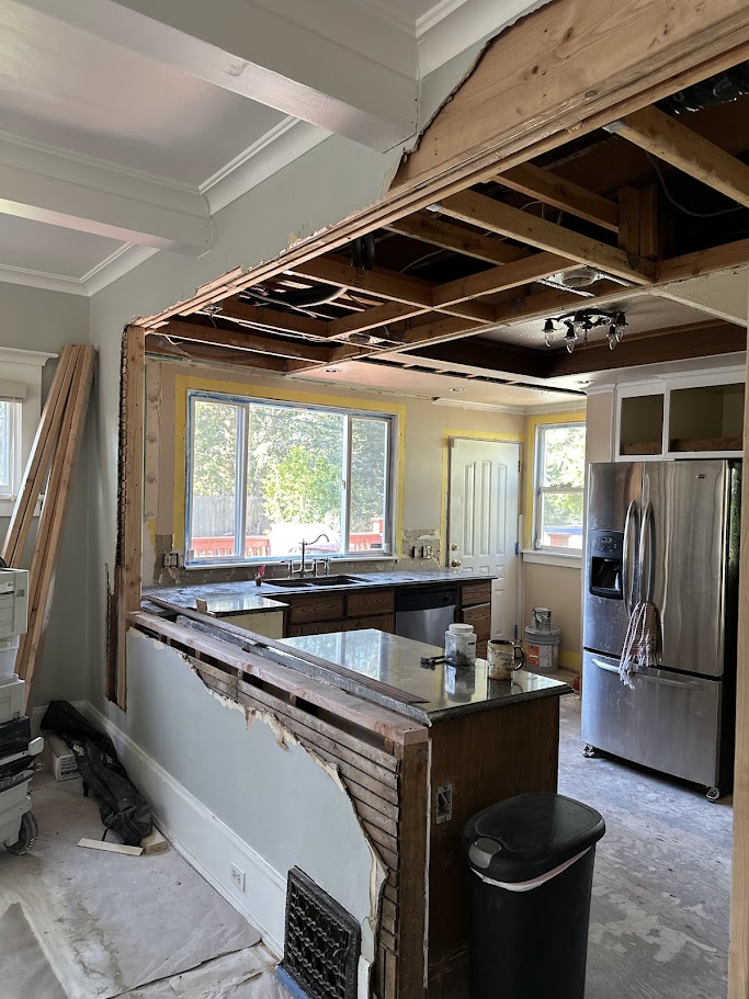 Beam installed between kitchen and dining room
